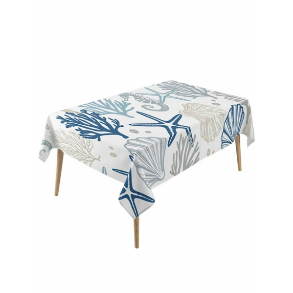 Blue Beige Coastal Table Cloth, Summer Beach Starfish Coral Nautical Waterproof Tablecloth for Rectangle Tables, Reusable Washable Fabric Table Cover for Restaurant Kitchen Dining Tables 60"x120"