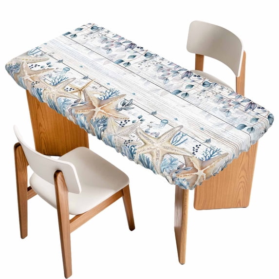 Blue Beige Coastal Table Cloths for 5 Foot Rectangle Tables, Beach Starfish Summer Eucalyptus Retro Patio Waterproof Elastic Fitted Tablecloths, Washable Rectangular Table Cover for Camping