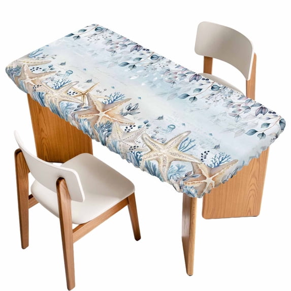 Blue Beige Coastal Table Cloths for 6 Foot Rectangle Tables, Beach Starfish Summer Eucalyptus Ombre Patio Waterproof Elastic Fitted Tablecloths, Washable Rectangular Table Cover for Camping