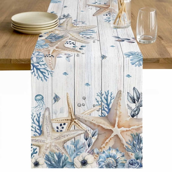 Blue Beige Coastal Table Runner - 48 Inch Long Beach Starfish Summer Eucalyptus Retro Cotton and Linen Blended Dress Scarves Farmhouse Table Runner for Kitchen Dining, Coffee Table, 13" x 48"