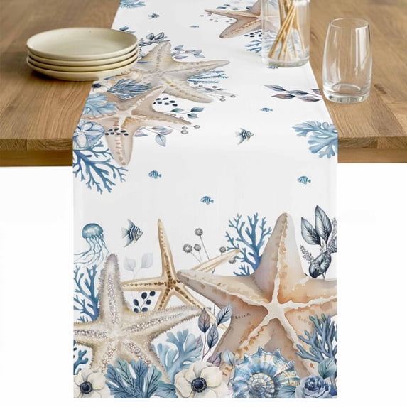 Blue Beige Coastal Table Runner - 72 Inch Long Beach Starfish Summer Eucalyptus Cotton and Linen Blended Dress Scarves Farmhouse Table Runner for Kitchen Dining, Coffee Table, 13" x 72"