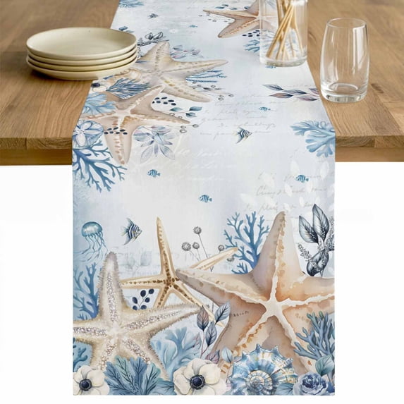 Blue Beige Coastal Table Runner - 90 Inch Long Beach Starfish Summer Eucalyptus Ombre Cotton and Linen Blended Dress Scarves Farmhouse Table Runner for Kitchen Dining, Coffee Table, 13" x 90"