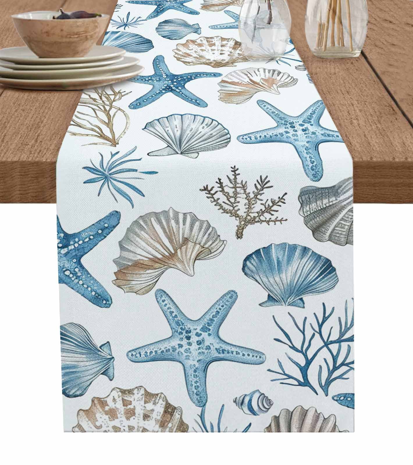 Shell Table Runner Blue Beige Coastal Table Runner Summer Beach Nautical Starfish Shell ...