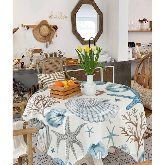 Blue Beige Coastal Tablecloth Square Table Cloth 60x60 , Waterproof Tablecloth Outdoor Table Cloth, Summer Beach Starfish Shell Nautical Washable Table Cover for Kitchen Dining Party