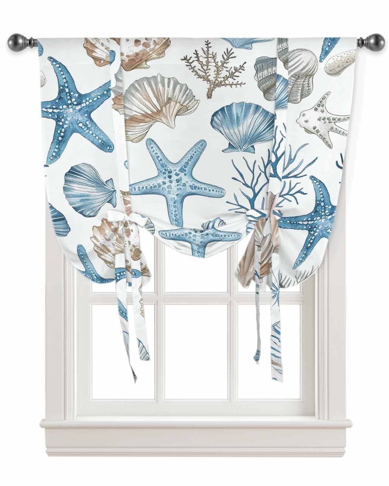 Blue Beige Coastal Tie Up Curtains for Kitchen Bathroom Bedroom Windows ...