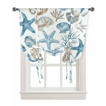 Blue Beige Coastal Tie Up Curtains for Kitchen Bathroom Bedroom Windows 45 Inch Length, Summer Beach Nautical Starfish Shell Balloon Drape Curtains Shade Rod Pocket Drapery Curtain Panel, 34"x45"