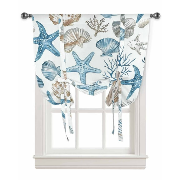 Blue Beige Coastal Tie Up Curtains for Kitchen Bathroom Bedroom Windows 45 Inch Length, Summer Beach Nautical Starfish Shell Balloon Drape Curtains Shade Rod Pocket Drapery Curtain Panel, 34"x45"