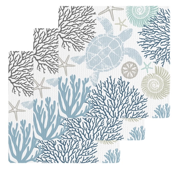 Blue Beige Coastal Turtle Dish Towels Set, Waffle Weave Kitchen Towels 3 Pieces, Ocean Coral Nautical Microfiber Hair Face Bath Tea Towel Absorbent Quick Drying Cleaning Dish Cloths, 12"x12"