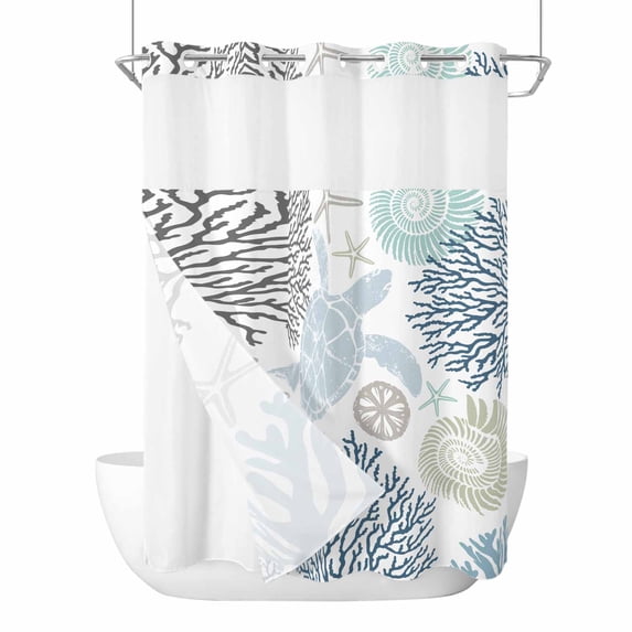 Blue Beige Coastal Turtle No Hook Shower Curtain Waterproof, Bathroom Curtains with Snap in Liners and See Through Top Window, Ocean Coral Nautical Hotel Style Bathtub Curtains Shower 60"Wx72"L