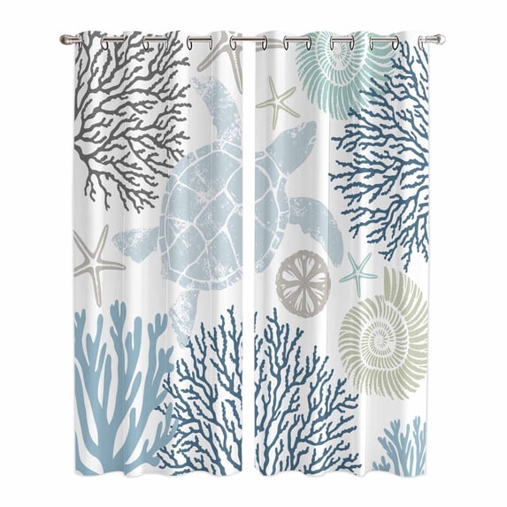 Blue Beige Coastal Turtle Kitchen Curtains 84 Inch Length, Ocean Coral Nautical Grommet Top Bedroom Living Room Curtains, Light Filtering Cafe Curtain Drapes 2 Panels Set 84''x84''