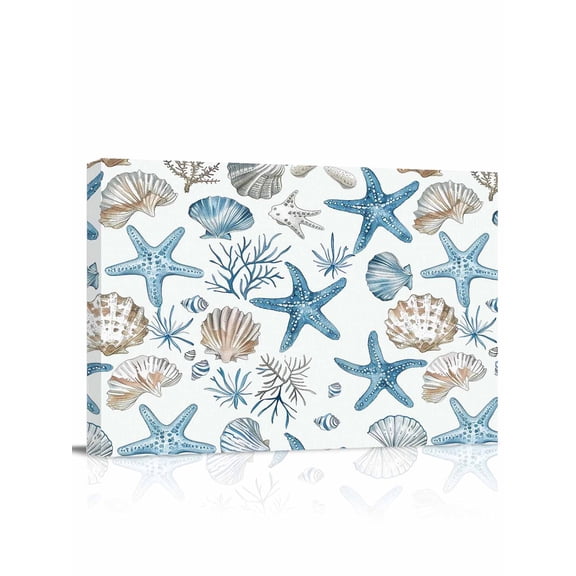 Blue Beige Coastal Wall Art for Living Room,Canvas Picture Wall Decor for Bathroom Bedroom,Summer Beach Nautical Starfish Shell Painting Artwork for Office Kitchen Hallway Dining Room Decor 12"x16"