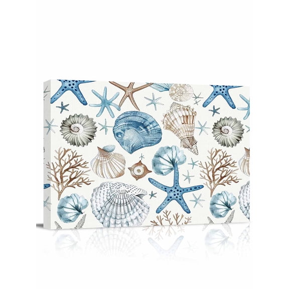 Blue Beige Coastal Wall Art for Living Room,Canvas Picture Wall Decor for Bathroom Bedroom,Summer Beach Starfish Shell Nautical Painting Artwork for Office Kitchen Hallway Dining Room Decor 12"x16"
