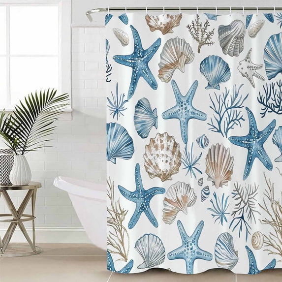 Blue Beige Coastal Waterproof Fabric Shower Curtain, Summer Beach Nautical Starfish Shell Shower Curtain for Bathroom Curtains Bathtubs Hotel Washable Shower Curtains with 12 Hooks Long 72x78in
