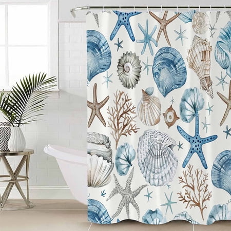 Blue Beige Coastal Waterproof Fabric Shower Curtain, Summer Beach Starfish Shell Nautical Shower Curtain for Bathroom Curtains Bathtubs Hotel Washable Shower Curtains with 12 Hooks Standard 66x72