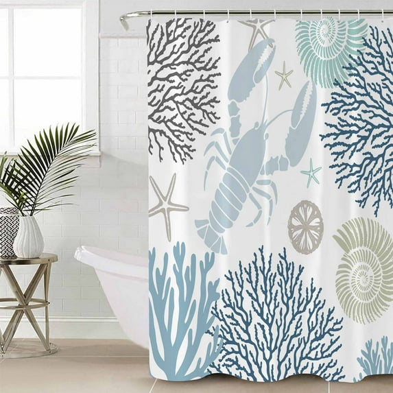 Blue Beige Coastal Waterproof Fabric Shower Curtain, Summer Lobster Coral Nautical Shower Curtain for Bathroom Curtains Bathtubs Hotel Washable Shower Curtains with 12 Hooks Extra Long 72x84