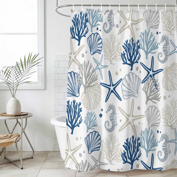 Blue Beige Coastal Waterproof Shower Curtain, Stall 36"x72" Washable Polyester Fabric Shower Curtains for Bathroom, Summer Beach Starfish Coral Nautical Decorative Bathtub Curtain Sets with Hooks