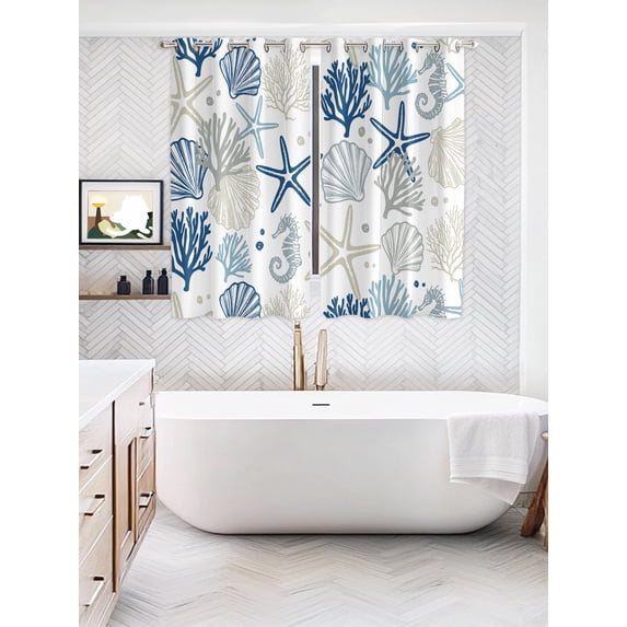 Blue Beige Coastal Window Curtains Panels with Grommet, Summer Beach Starfish Coral Nautical Kitchen Cafe Curtain Draperies Window Treatment Set for Living Room/Bedroom/Laundry/Bathroom, 104x84