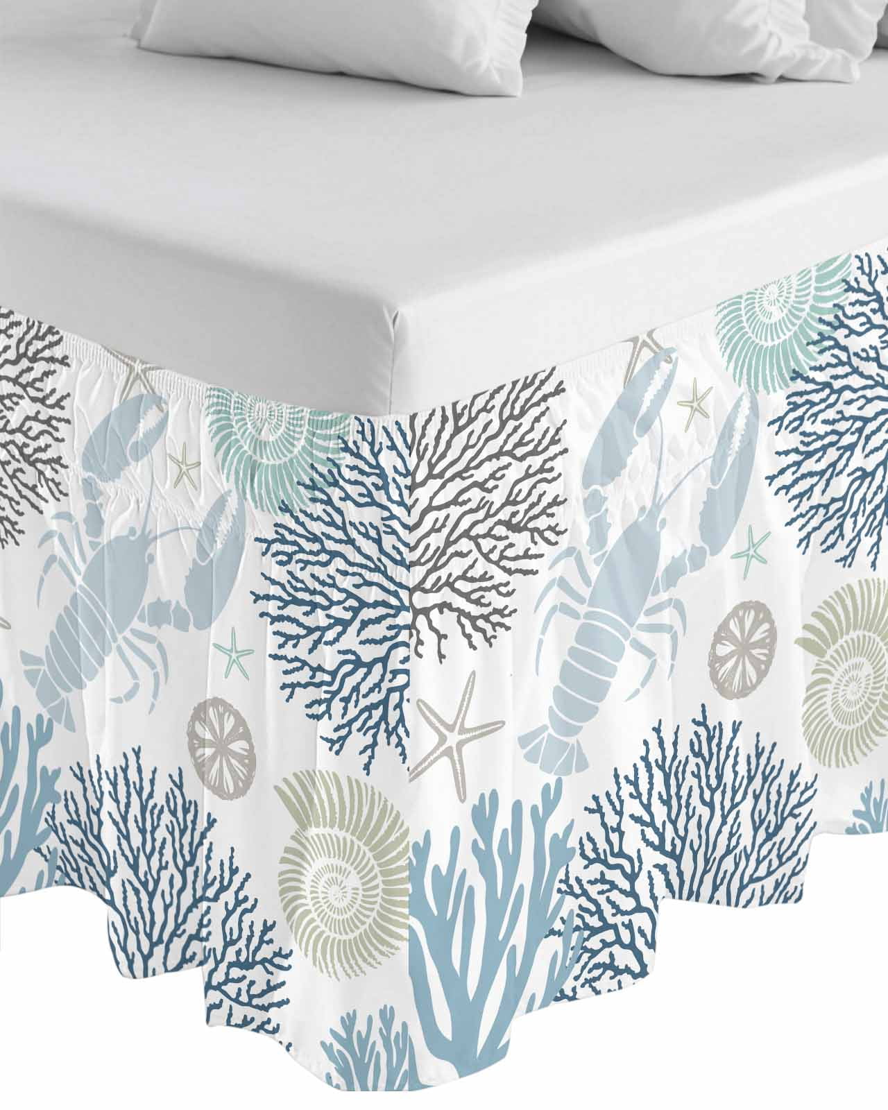 Blue Beige Coastal Wrap Around Bed Skirts for King Bed 18" Drop, Bed Skirt with Adjustable Elastic Belt Dust Ruffle Bed Valance for Bedroom Hotel Luxury Summer Lobster Coral Nautical Bed Frame Cover