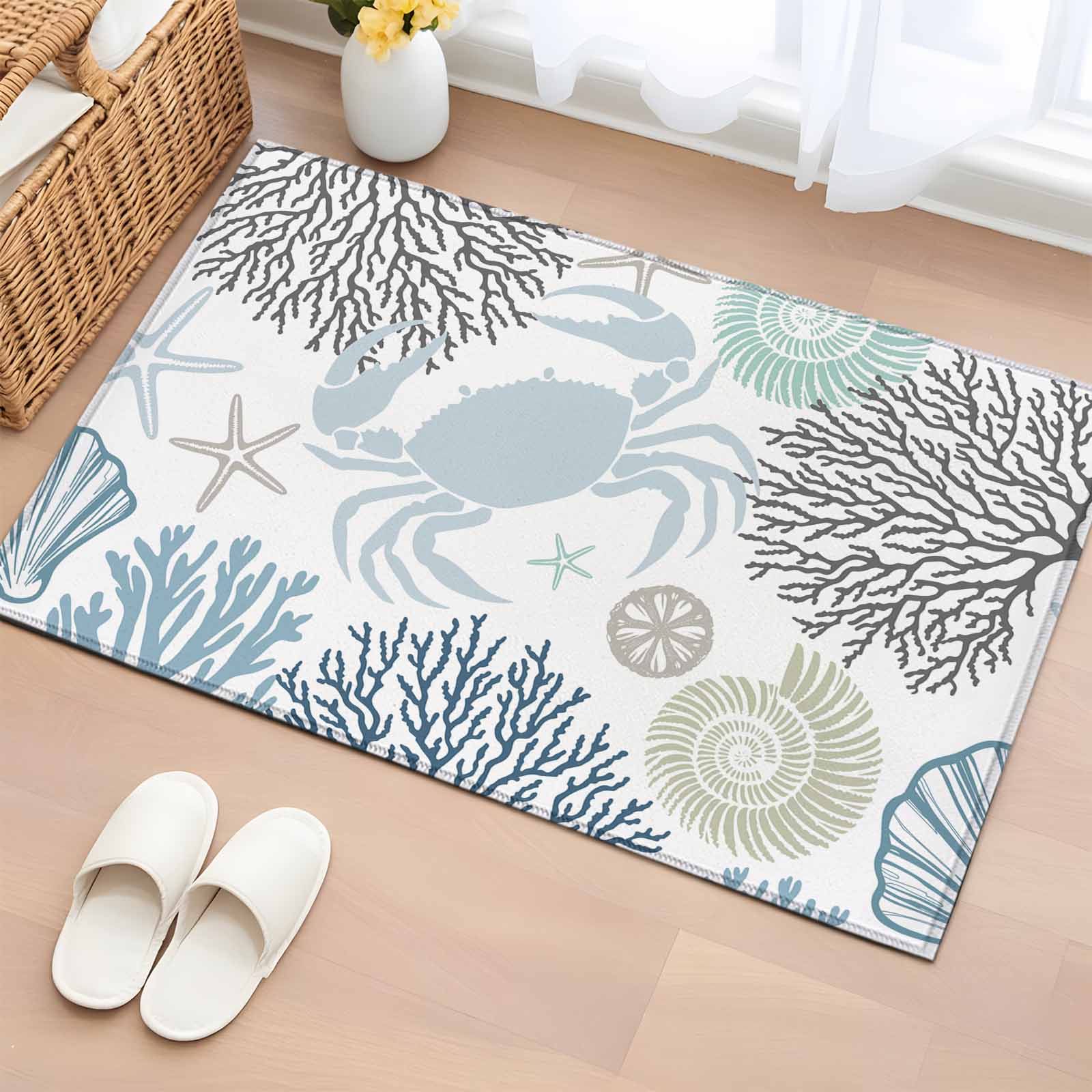 Blue Beige Crab Coastal Bathroom Rug Washable 2x3 Entryway Rug Non Slip ...