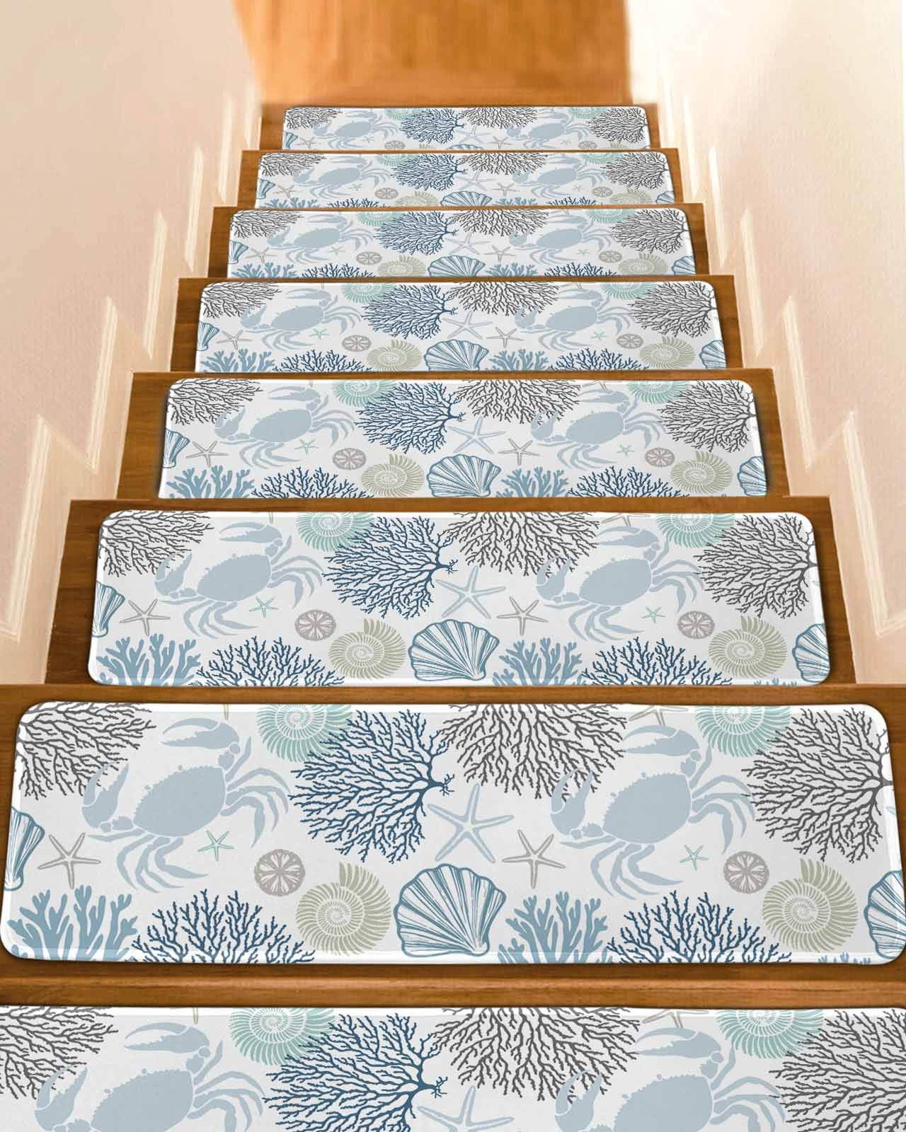 Blue Beige Crab Coastal Stair Treads for Wooden Steps Indoor Runner Rug ...