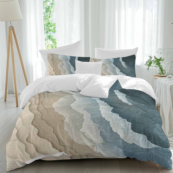 Blue Beige Duvet Cover Set King Size, Gradient Sea Wave Beach Abstract Seaside Sand 4 Piece Soft Microfiber Bedding Set with 1 Duvet Cover, 1 Flat Sheet, 2 Pillowcases