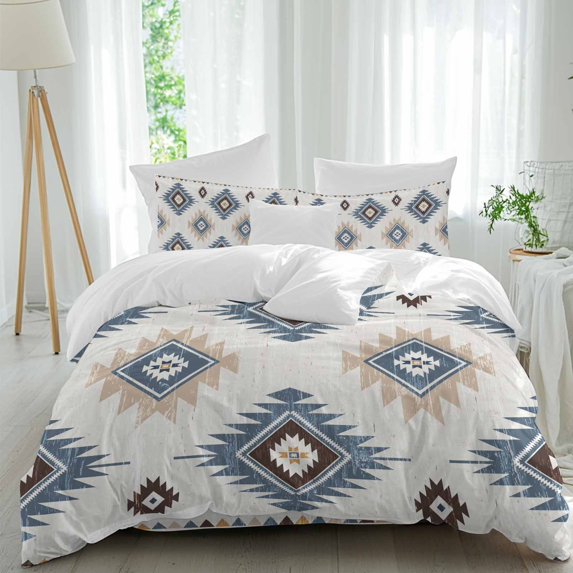 Blue Beige Duvet Cover Set Queen Size, Aztec Ethnic Southwestern Native Geometric 4 Piece Soft Microfiber Bedding Set with 1 Duvet Cover, 1 Flat Sheet, 2 Pillowcases