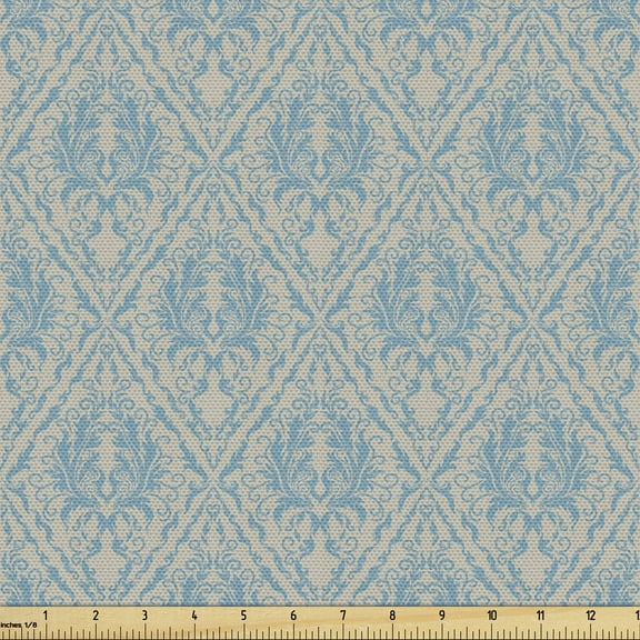 Blue Beige Fabric by the Yard, Vintage Royal Scroll Pattern Victorian Fantasy Swirled Old Flourish Tile, Decorative Upholstery Fabric for Sofas Home Accents, 2 Yards, Blue Beige by Ambesonne