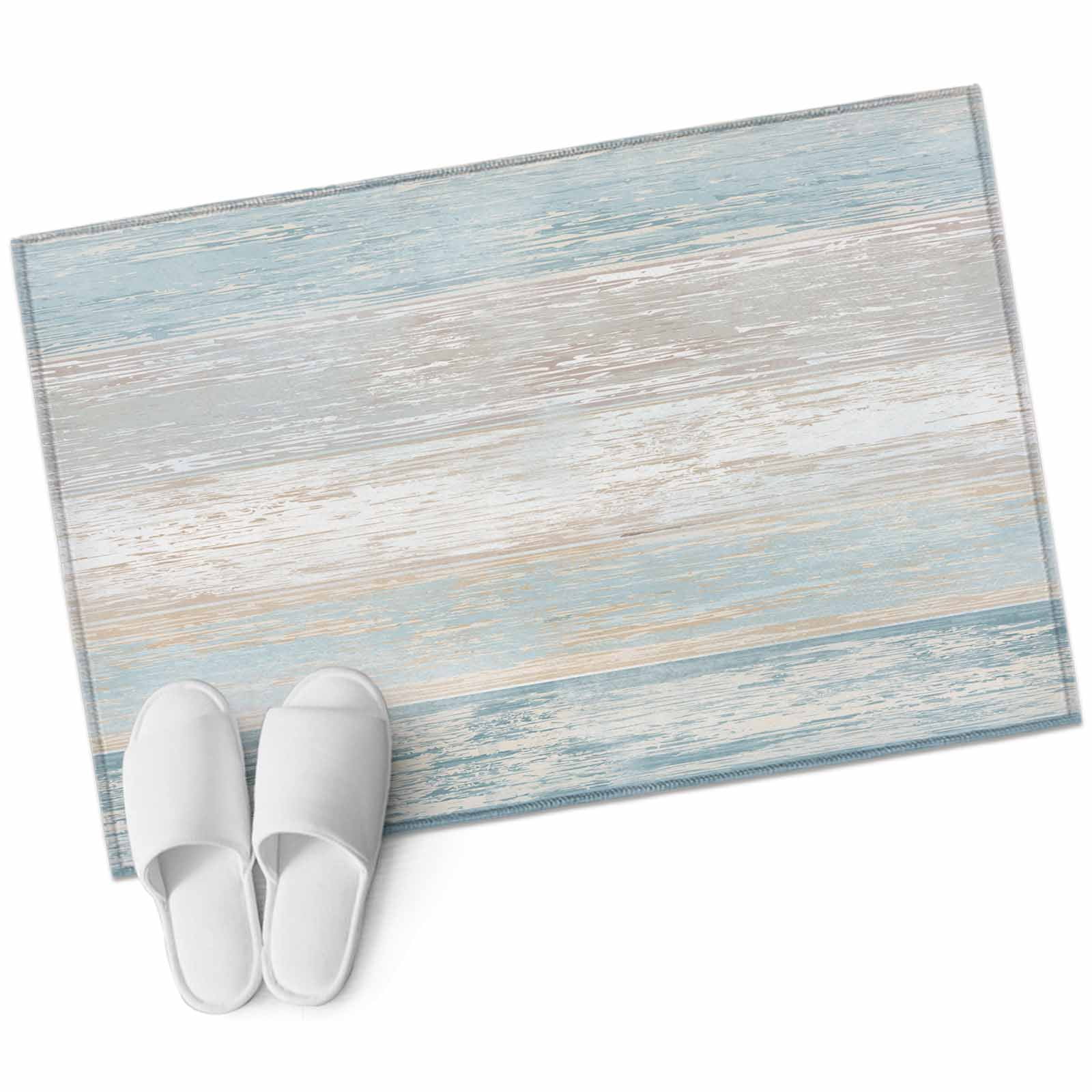 Blue Beige Farmhouse Bathroom Mat 2x3 FT, Non Slip Small Kitchen Mat, Vintage Wooden Striped Washable Soft Backed Front Door Throw Rug Non-Shedding Indoor Outdoor Doormat for Entryway Sink