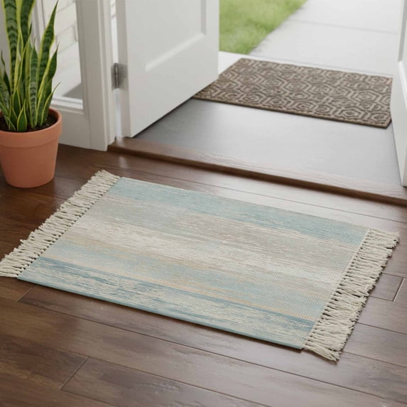 Blue Beige Farmhouse Bathroom Rug 2'x3', Vintage Wooden Striped Low Profile Front Entryway Rug with Tassels, Woven Cotton Washable Kitchen Mat Carpet for Foyer Bedroom Back Door Decor