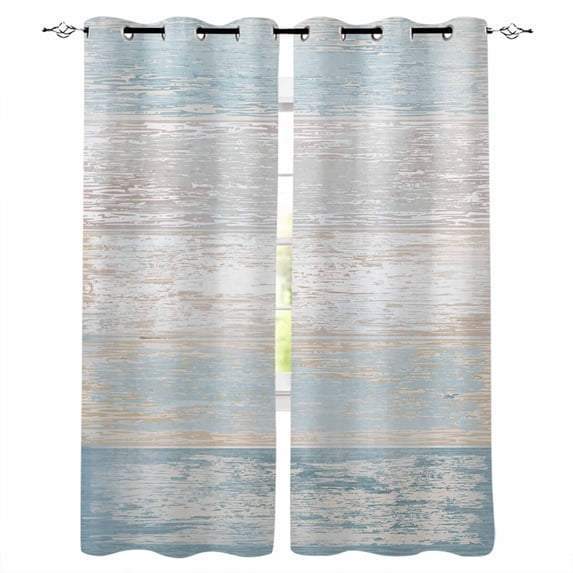 Blue Beige Farmhouse Blackout Curtains 54 Inches Long, Thermal Insualted Grommet Curtains & Drapes, Vintage Wooden Striped Room Darking Curtains for Living Room Bedroom Windows 2 Panels 52"W x54"L