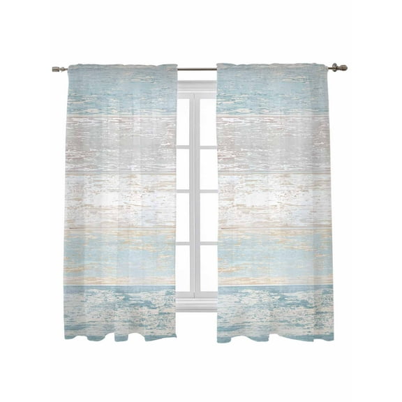 Blue Beige Farmhouse Curtains 63 Inch Length, Sheer Curtains for Bedroom Living Room Window Vintage Wooden Striped Rod Pocket Voile Drapes Kitchen Curtains Small Half Window 42"x63" 2 Panels