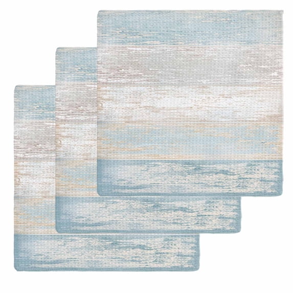 Blue Beige Farmhouse Dish Towels Set, Waffle Weave Kitchen Towels 3 Pieces, Vintage Wooden Striped Microfiber Hair Face Bath Tea Towel Absorbent Quick Drying Cleaning Dish Cloths 12"x12"