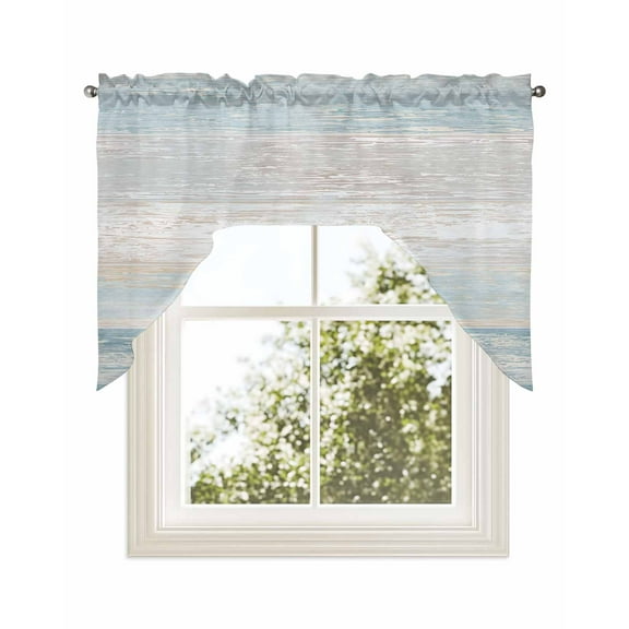 Blue Beige Farmhouse Kitchen Swag Valance for Window, Rod Pocket Short Kitchen Curtains 36 Inch Length, Vintage Wooden Striped Swag Topper Small Window Treatment for Cafe Bathroom Bedroom