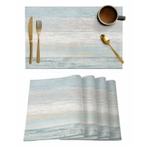 Blue Beige Farmhouse Placemats Set of 6, Vintage Wooden Striped Placemats for Dining Table, Place Mats for Kitchen Tabletop, Waterproof Wipeable Dining Table Mats Set