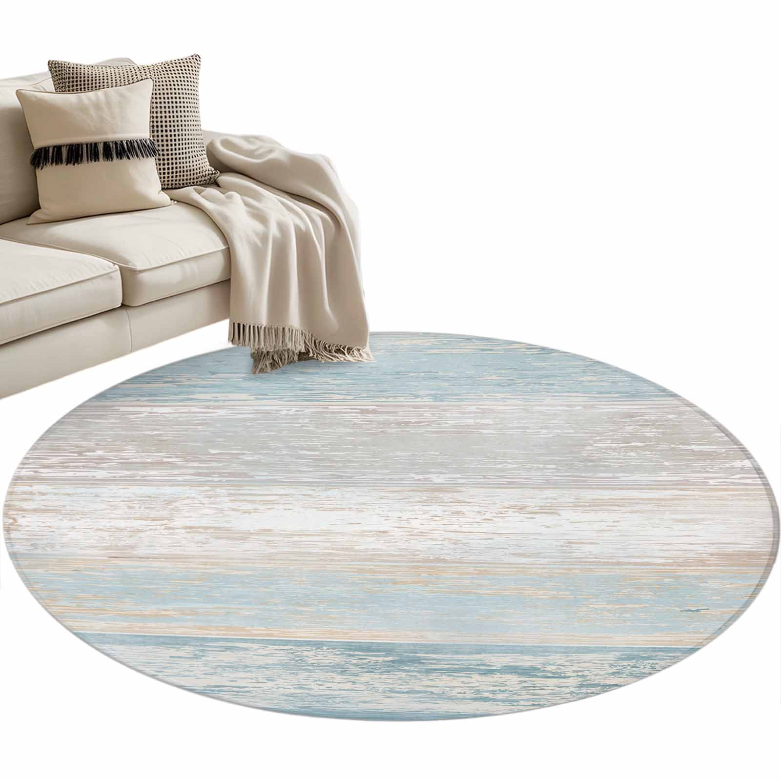 Blue Beige Farmhouse Round Area Rug 4 FT, Non Slip Indoor Outdoor Rug, Vintage Wooden Striped Washable Soft Circular Carpet Non-Shedding Floor Mat for Coffee Table Nursery Foyer Balcony