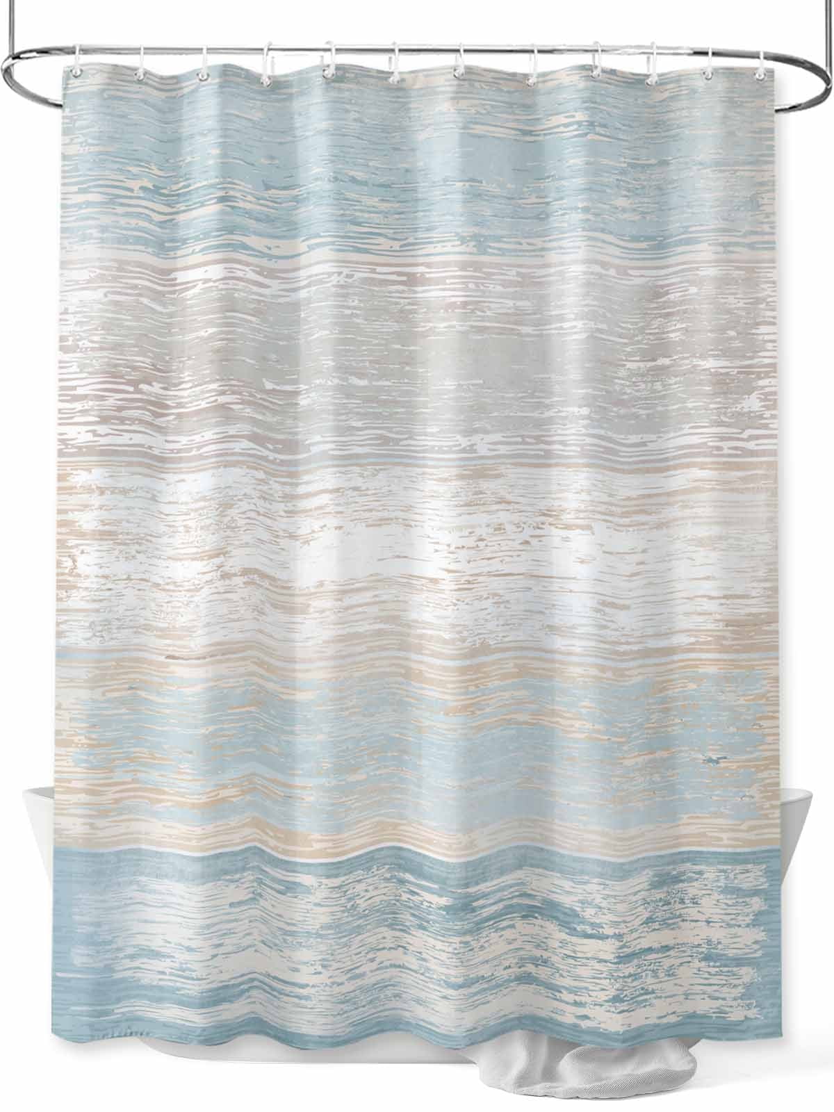 Blue Beige Farmhouse Standard Shower Curtain Set, Waterproof Shower Curtains for Bathroom, Vintage Wooden Striped Washable Fabric Cloth Bath Curtain for Bathtub Decoration with Hooks 72x72 Inches
