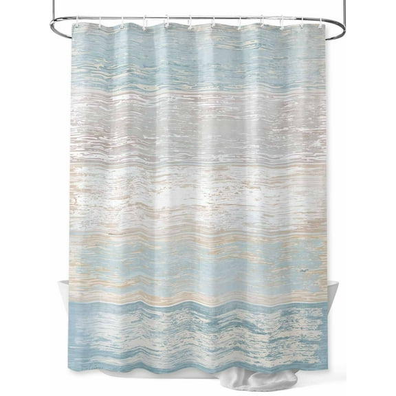 Blue Beige Farmhouse Standard Shower Curtain Set, Waterproof Shower Curtains for Bathroom, Vintage Wooden Striped Washable Fabric Cloth Bath Curtain for Bathtub Decoration with Hooks 72x72 Inches