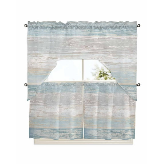 Blue Beige Farmhouse Swag Valance and Tier Curtains 24'' Length Set, Vintage Wooden Striped Light Filtering Kitchen Curtains, Tier Curtain Valances for Bathroom/Living Room/Bedroom/Café
