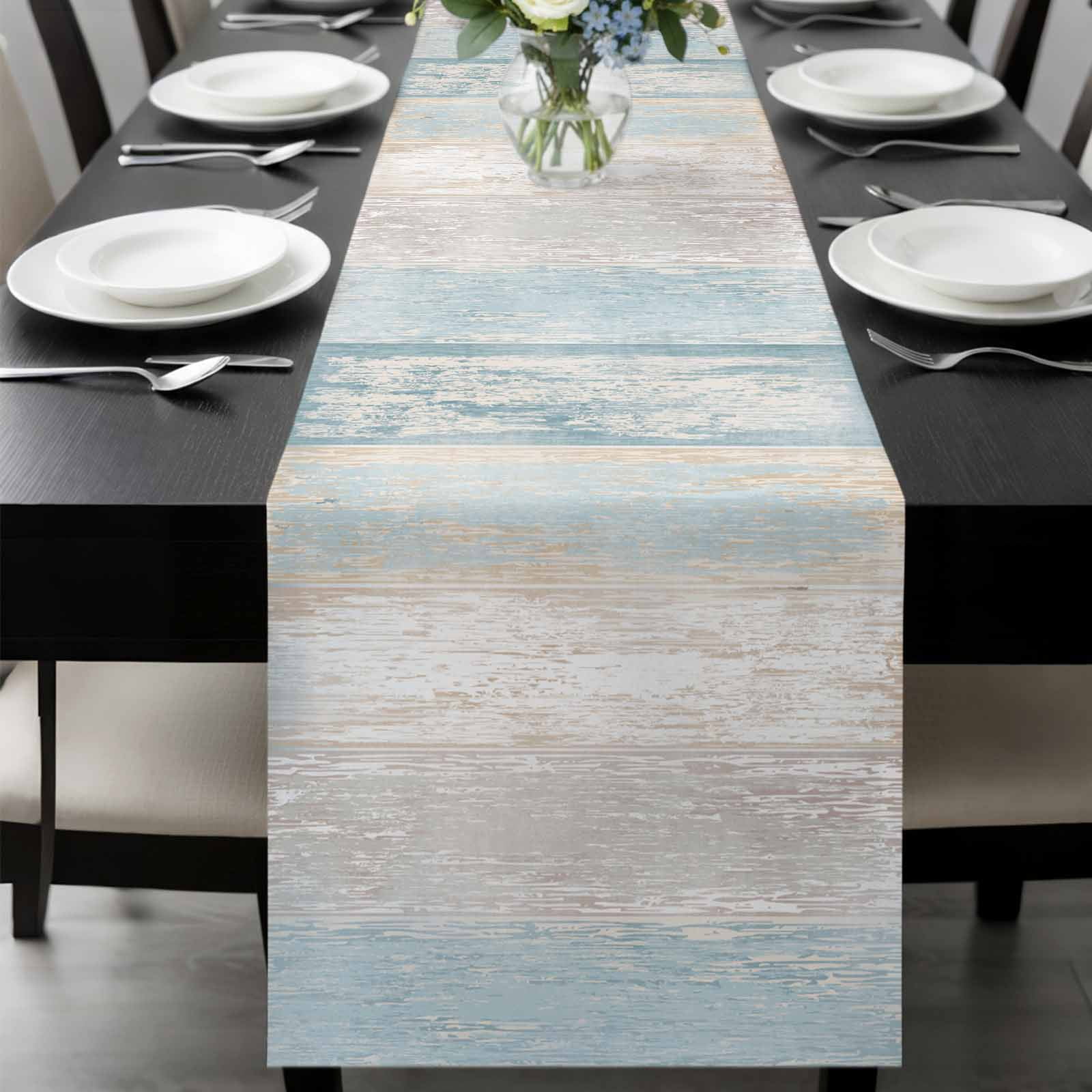 Blue Beige Farmhouse Table Runner 72 Inches Long, Vintage Wooden Striped Kitchen Coffee Dining Table Decoration for Home Party Birthday Wedding Home Decor 13x72 Inches