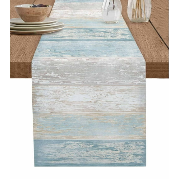 Blue Beige Farmhouse Table Runner Vintage Wooden Striped Tablerunners 13 x 36 Inch, Table Decorations Tabletop Scarf for Summer Gathering Holiday Farmhouse Kitchen Dining Decor