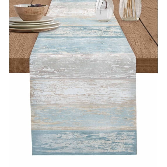 Blue Beige Farmhouse Table Runner Vintage Wooden Striped Tablerunners 13 x 70 Inch, Table Decorations Tabletop Scarf for Summer Gathering Holiday Farmhouse Kitchen Dining Decor
