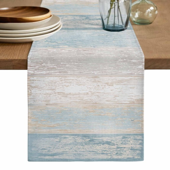 Blue Beige Farmhouse Table Runner, Vintage Wooden Striped Washable Cotton Linen Table Runners 108 Inches Long, Dresser Scarf Runner for Dining/Living Room/Kitchen/Square Tables 13''x108''