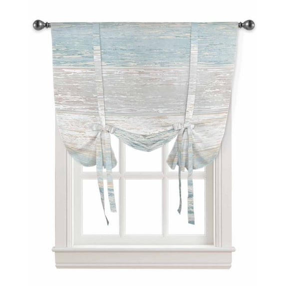 Blue Beige Farmhouse Tie Up Curtains for Kitchen Bathroom Bedroom Windows 63 Inch Length, Vintage Wooden Striped Balloon Drape Curtains Shade Rod Pocket Drapery Curtain Panel, 52"x63"