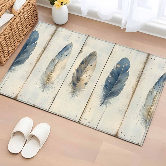 Blue Beige Feathers Bathroom Rug Washable 2x3 Entryway Rug Non Slip Vintage Native Ombre Wood Grain Front Door Mat Low Pile Indoor Doormat Throw Floor Carpet for Kitchen Bedroom Entrance