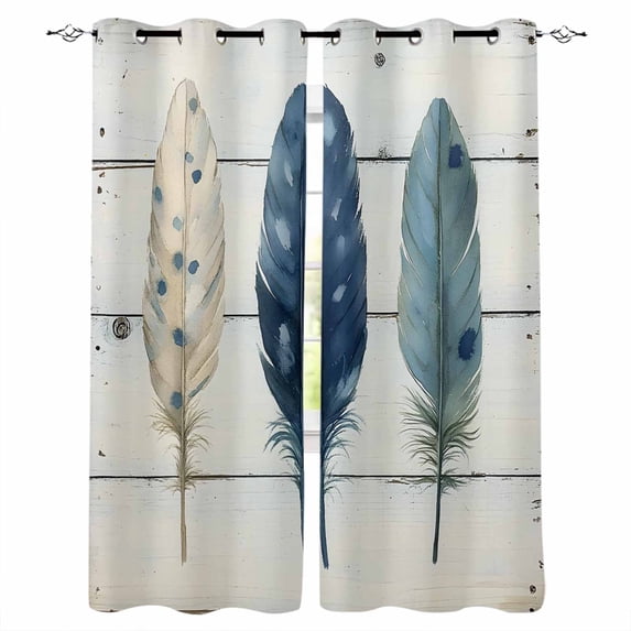 Blue Beige Feathers Kitchen Curtains Boho Watercolor Vintage Wood Grain Cafe Short Curtains for Bathroom Blackout Window Curtain Small Window Treatment Drapes for Bedroom Living Room 27.5"x39"x2