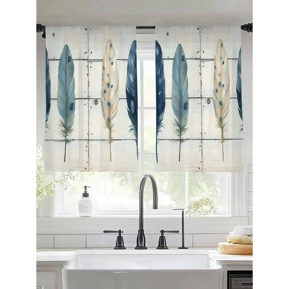 Blue Beige Feathers Sheer Curtains for Living Room Bedroom Boho Watercolor Vintage Wood Grain Sheer Curtains 45 Inch Long 2 Panels Set Light Filtering Curtain Window Treatments Drapes for Dining Room