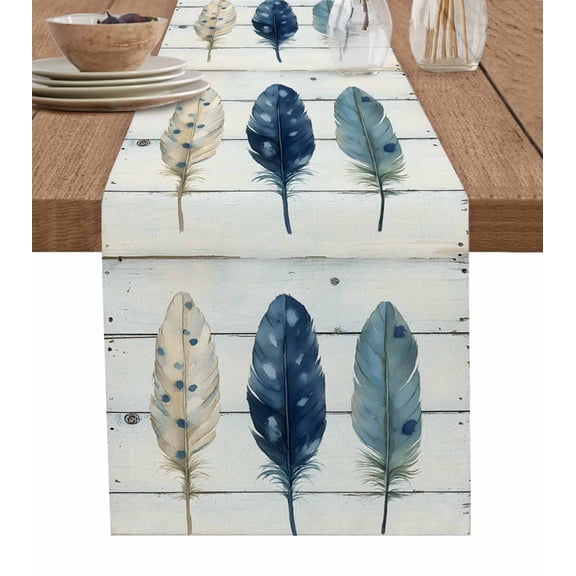 Blue Beige Feathers Table Runner 36 Inches, Boho Watercolor Vintage Wood Grain Bed Runner Dresser Scarves Tabletop for Indoor Outdoor Parties/Ceremony/Banquet, 13"x 36"
