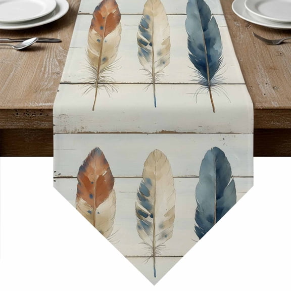 Blue Beige Feathers Table Runner Linen Burlap Table Runner 120 Inches Long Ombre Boho Vintage Wooden Grain Dresser Scarves for Kitchen Island Coffee Dining Party Wedding Holiday Decor 13"x120"