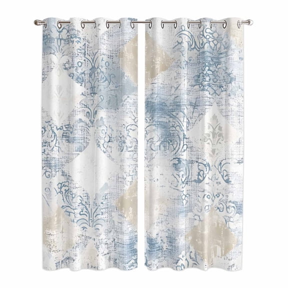 Blue Beige Floral Kitchen Curtains 84 Inch Length, Vintage Smear Abstract Art Grommet Top Bedroom Living Room Curtains, Light Filtering Cafe Curtain Drapes 2 Panels Set 84''x84''
