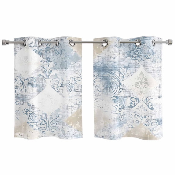 Blue Beige Floral Kitchen Curtains Small Short 39 Inch Length, Vintage Smear Abstract Art Grommet Top Bedroom Living Room Curtains, Light Filtering Cafe Curtain Drapes 2 Panels Set 55''x39''